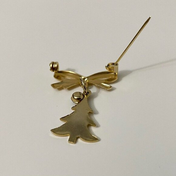 Vintage Christmas Pin Brooch Bow Tree Green Rhinestone Dangle - Picture 8 of 12